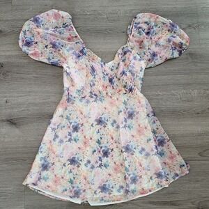 Angel Biba Floral Puff Sleeve Dress Watercolor Dreamy V-Neck Large AU 12 NEW